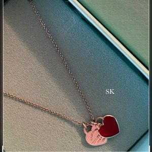 Tiffany & Co. Red Double Heart Tag Pendant Necklace Mini Silver 16.18 chain